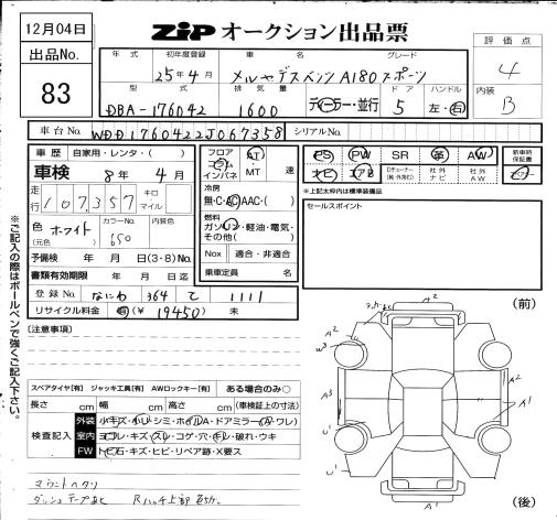 Аукционный лист MERCEDES BENZ A CLASS 2013