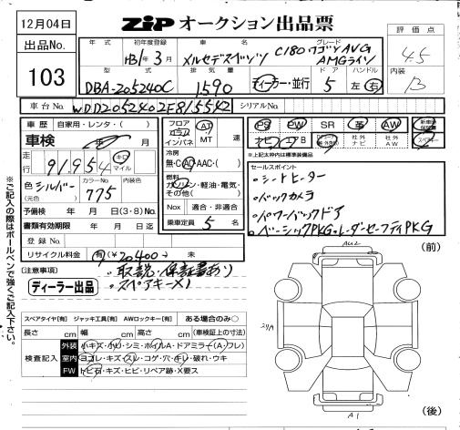 Аукционный лист MERCEDES BENZ C CLASS WAGON 2019