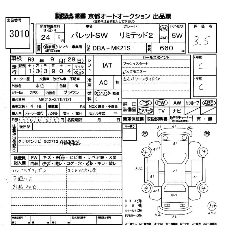 Аукционный лист SUZUKI PALETTE 2012