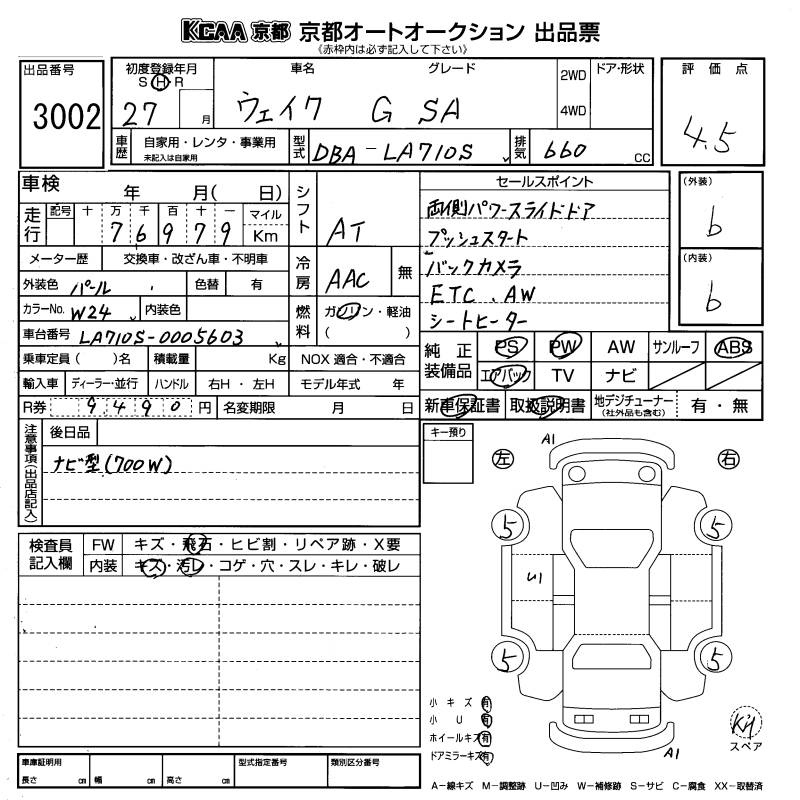 Аукционный лист DAIHATSU WAKE 2015