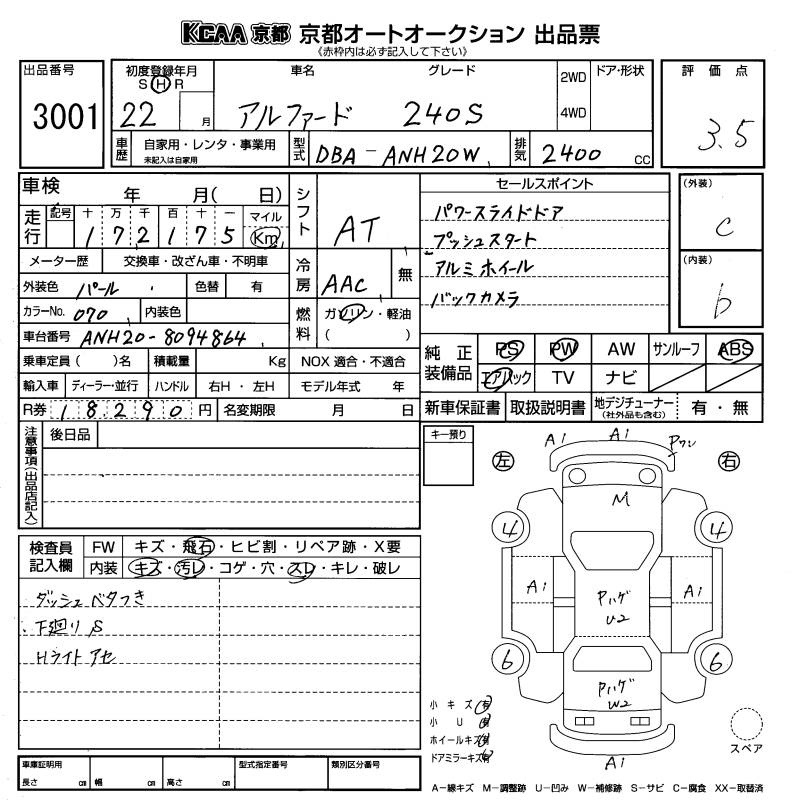 Аукционный лист TOYOTA ALPHARD 2010