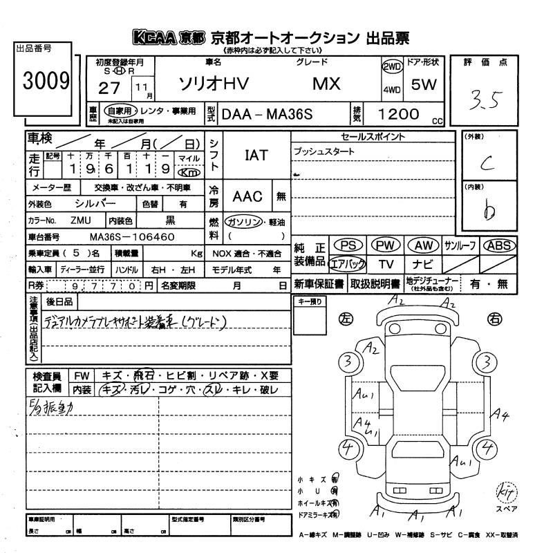 Аукционный лист SUZUKI SOLIO 2015