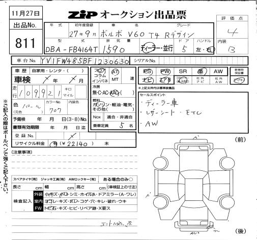 Аукционный лист VOLVO V60 2015