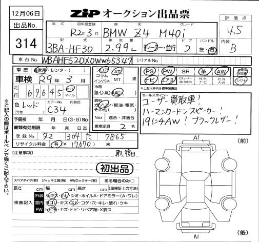 Аукционный лист BMW Z4 2020