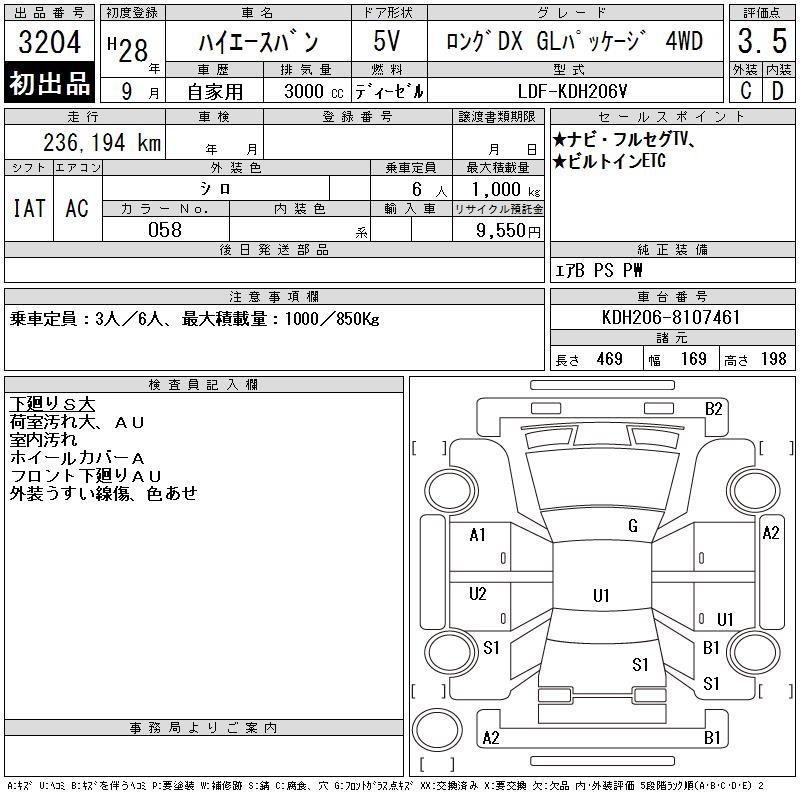 Аукционный лист TOYOTA HIACE VAN 2016