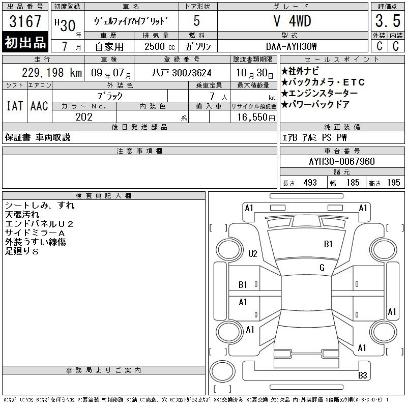 Аукционный лист TOYOTA VELLFIRE 2018