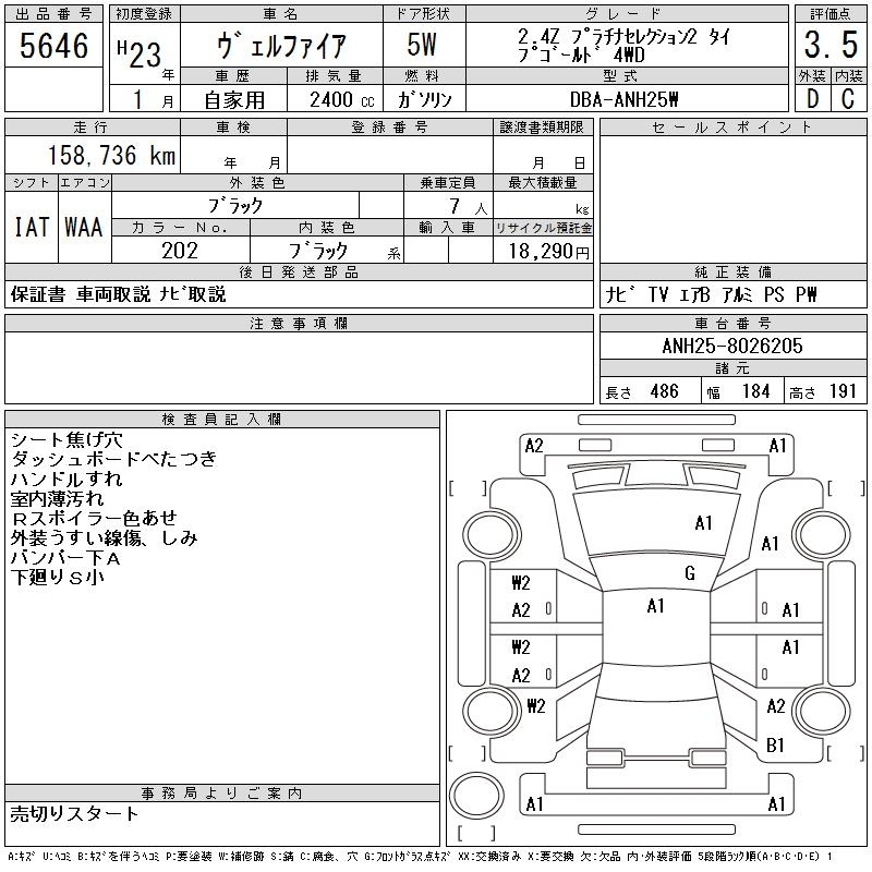Аукционный лист TOYOTA VELLFIRE 2011