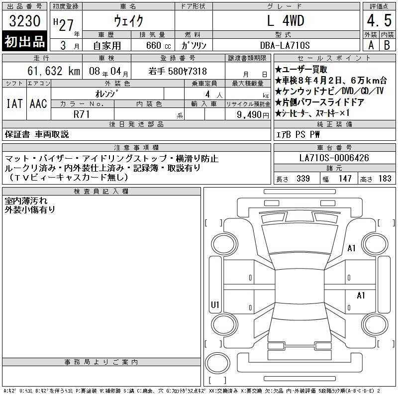 Аукционный лист DAIHATSU WAKE 2015