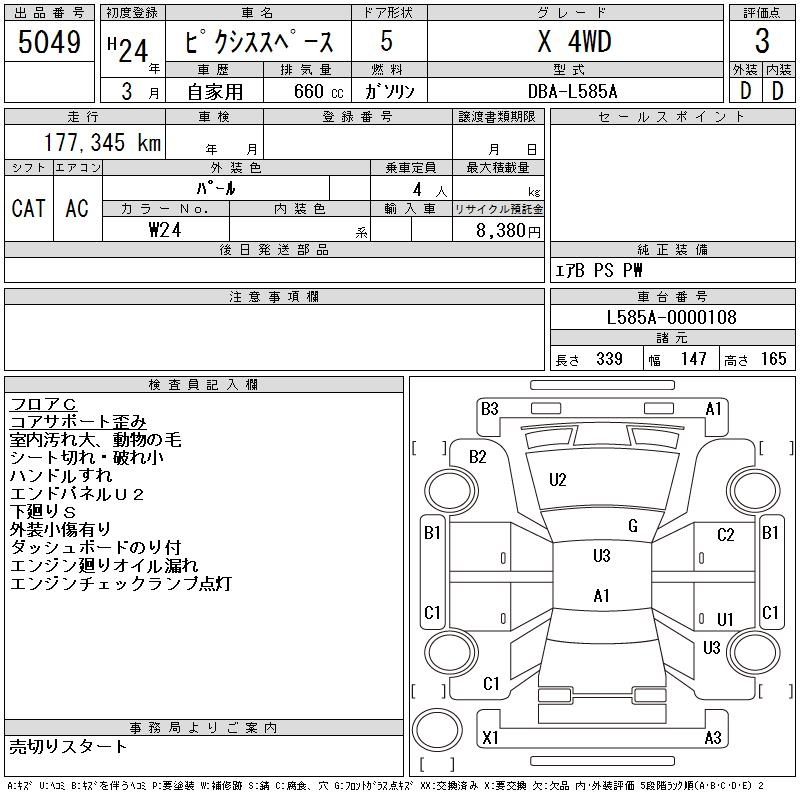 Аукционный лист TOYOTA PIXIS SPACE 2012