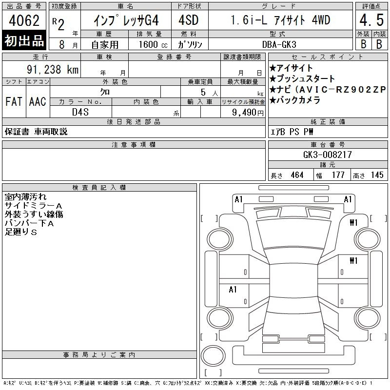 Аукционный лист SUBARU IMPREZA G4 2020