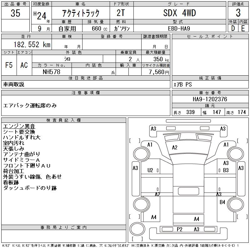 Аукционный лист HONDA ACTY TRUCK 2012