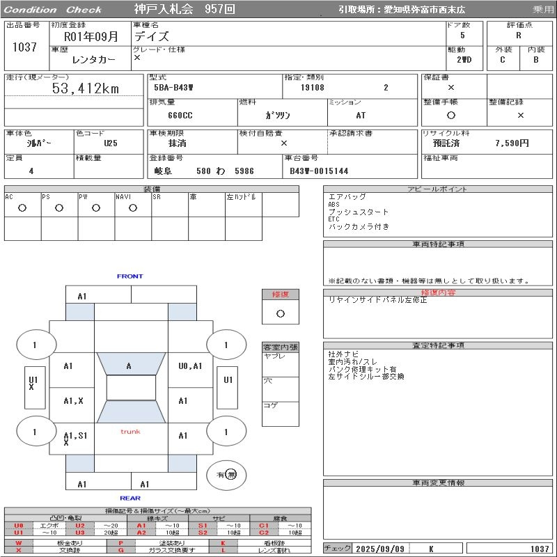 Аукционный лист NISSAN DAYZ 2019