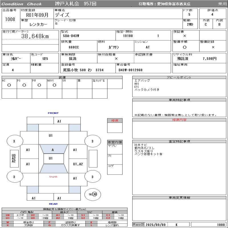 Аукционный лист NISSAN DAYZ 2019