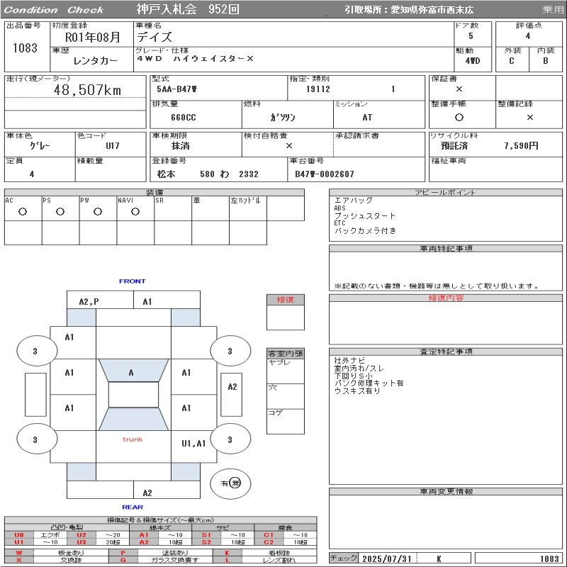 Аукционный лист NISSAN DAYZ 2019