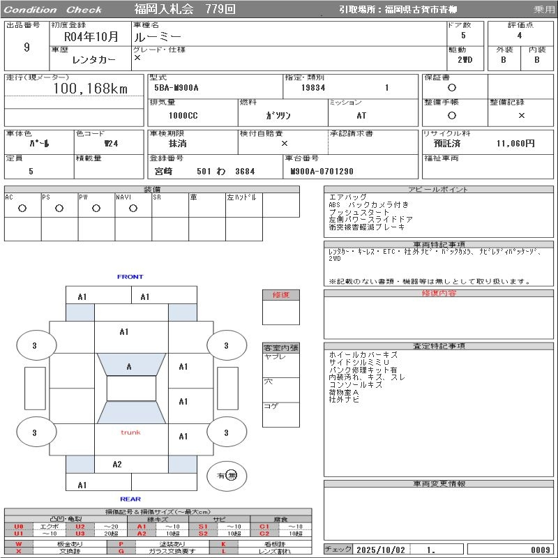 Аукционный лист TOYOTA ROOMY 2022