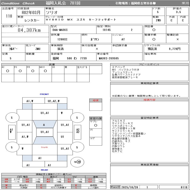 Аукционный лист SUZUKI SOLIO 2020