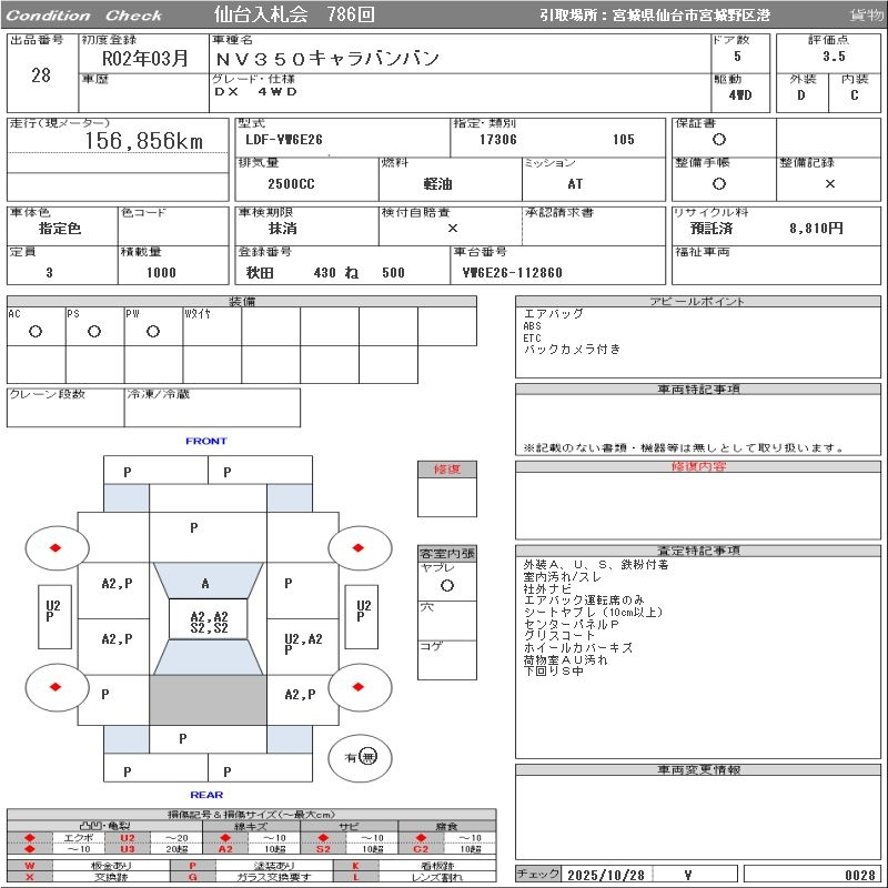 Аукционный лист NISSAN CARAVAN VAN 2020