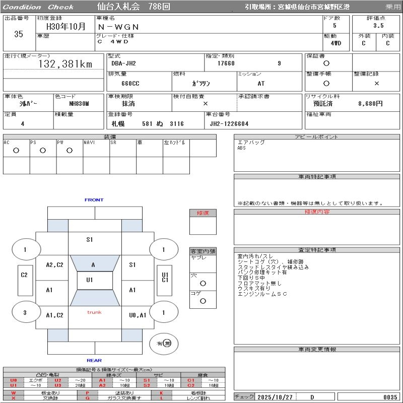 Аукционный лист HONDA N WGN 2018