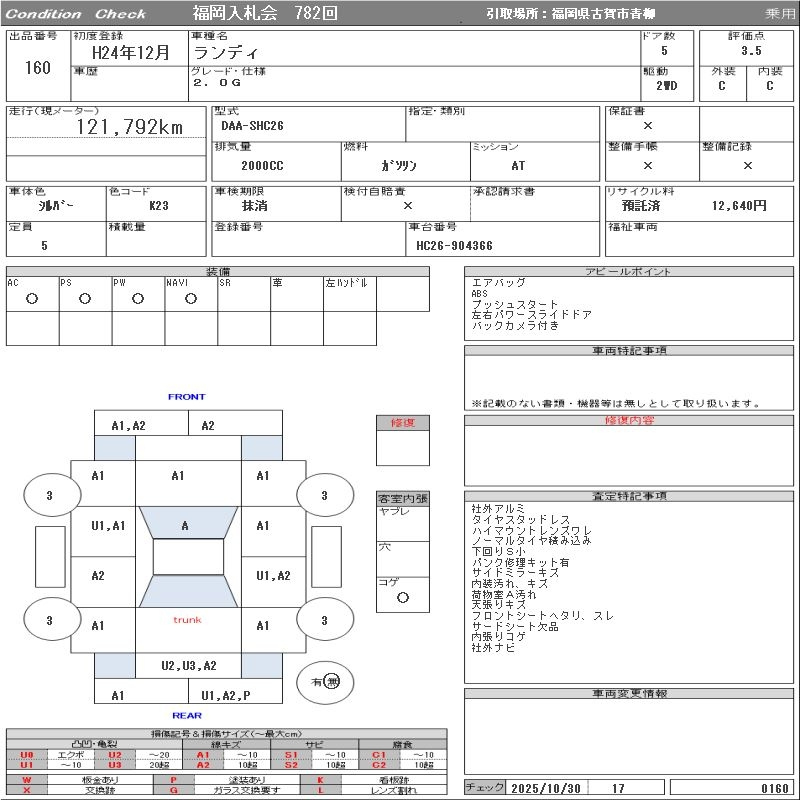 Аукционный лист SUZUKI LANDY 2012