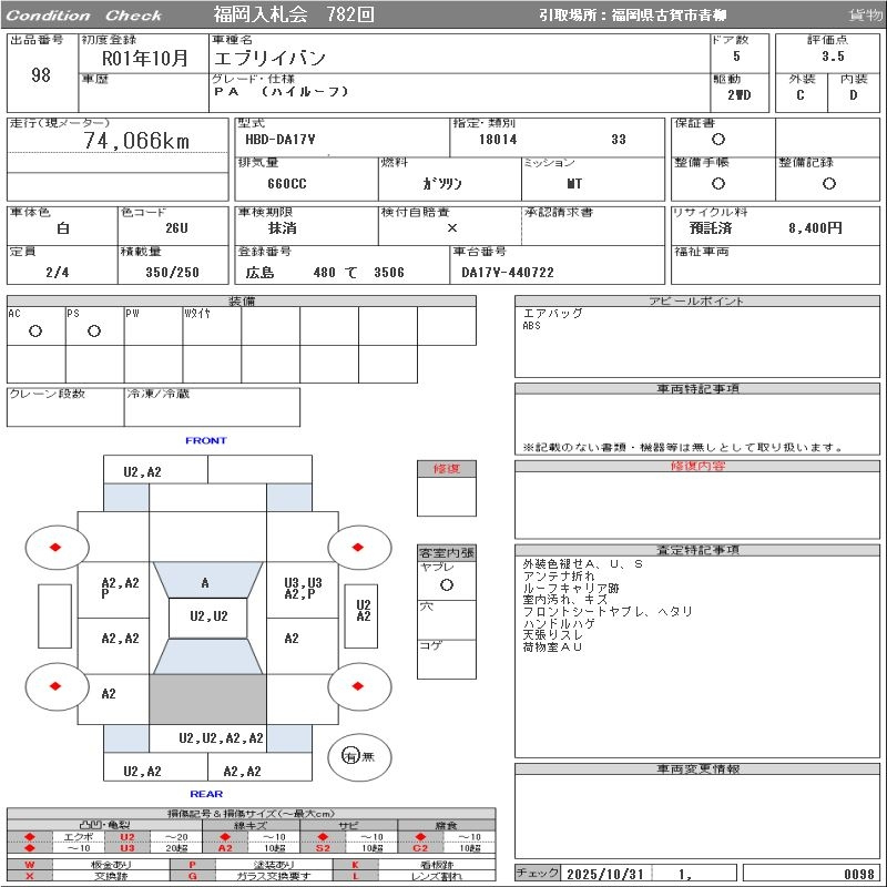 Аукционный лист SUZUKI EVERY 2019