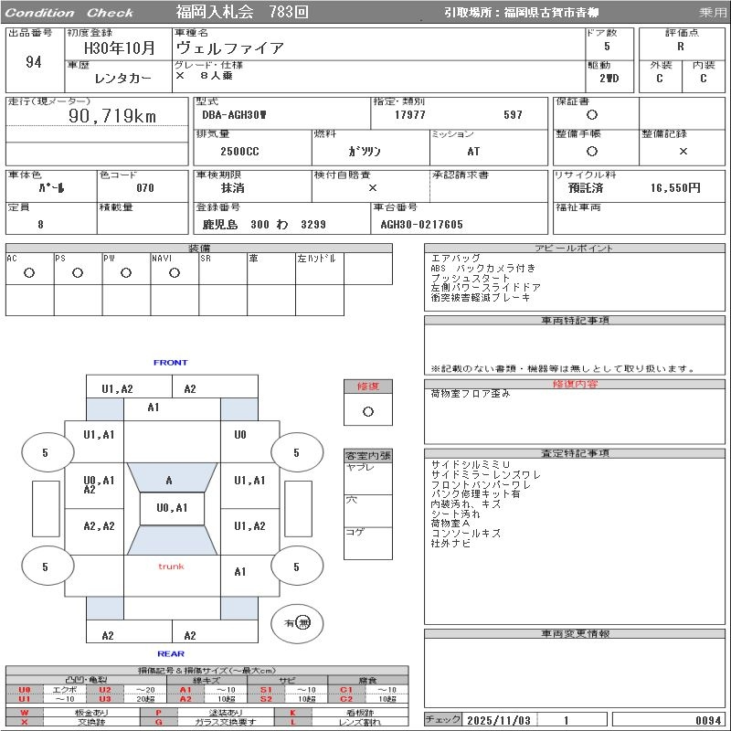 Аукционный лист TOYOTA VELLFIRE 2018