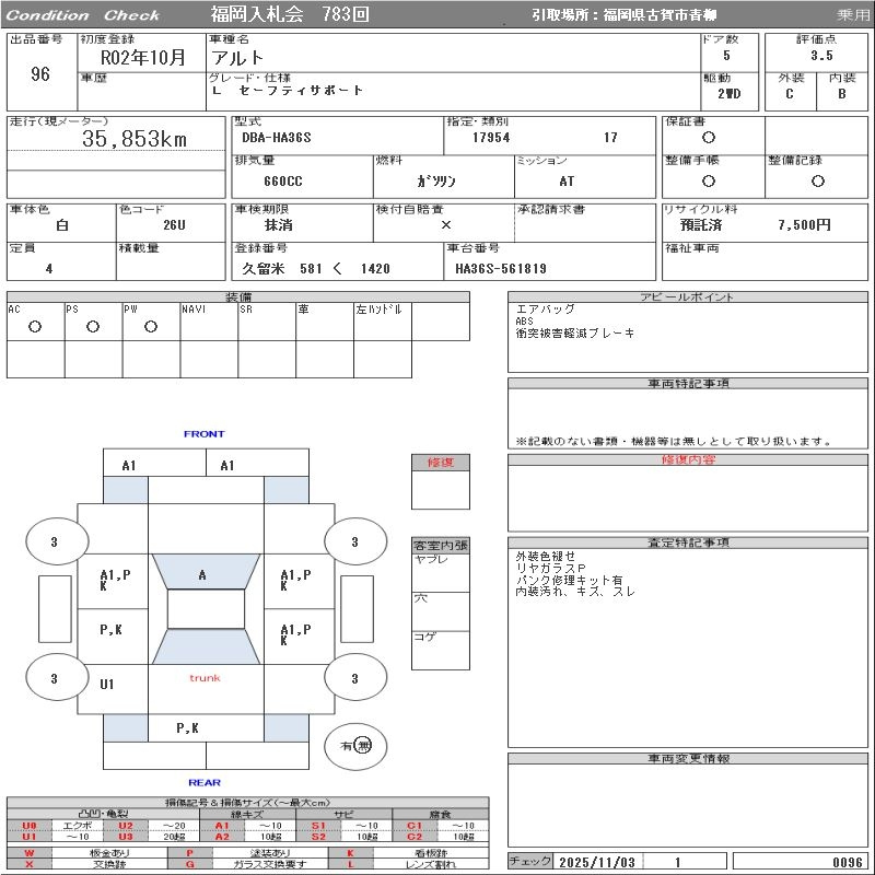 Аукционный лист SUZUKI ALTO 2020