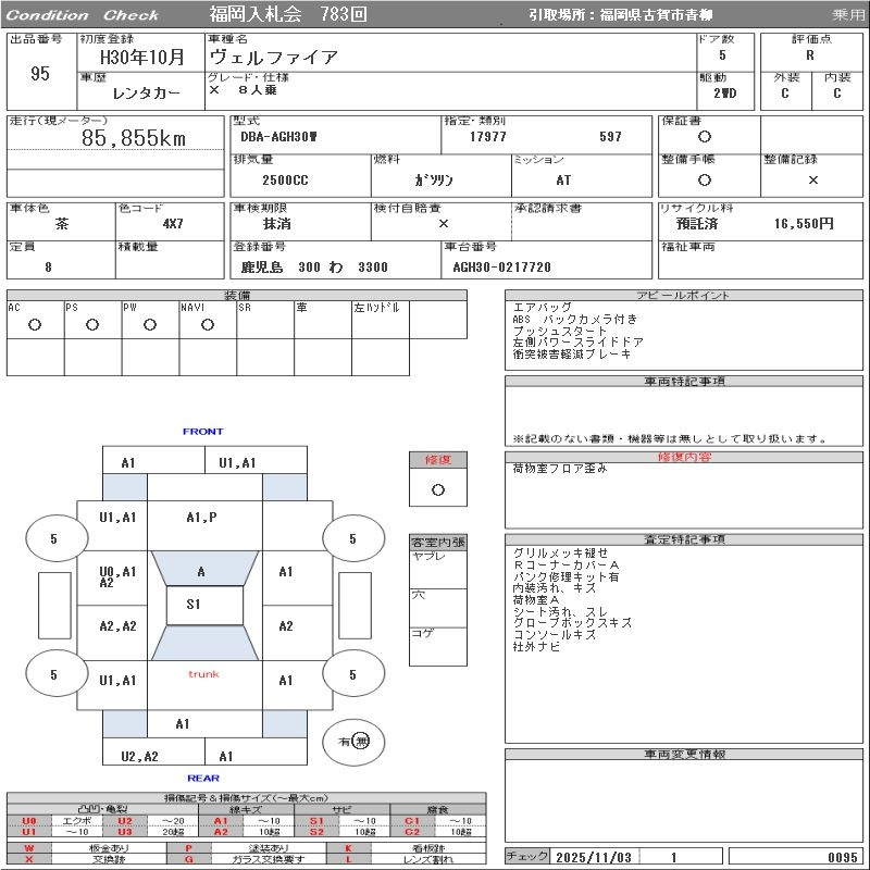 Аукционный лист TOYOTA VELLFIRE 2018