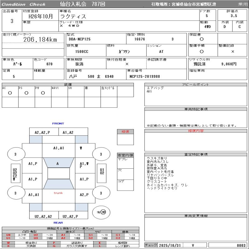 Аукционный лист TOYOTA RACTIS 2014