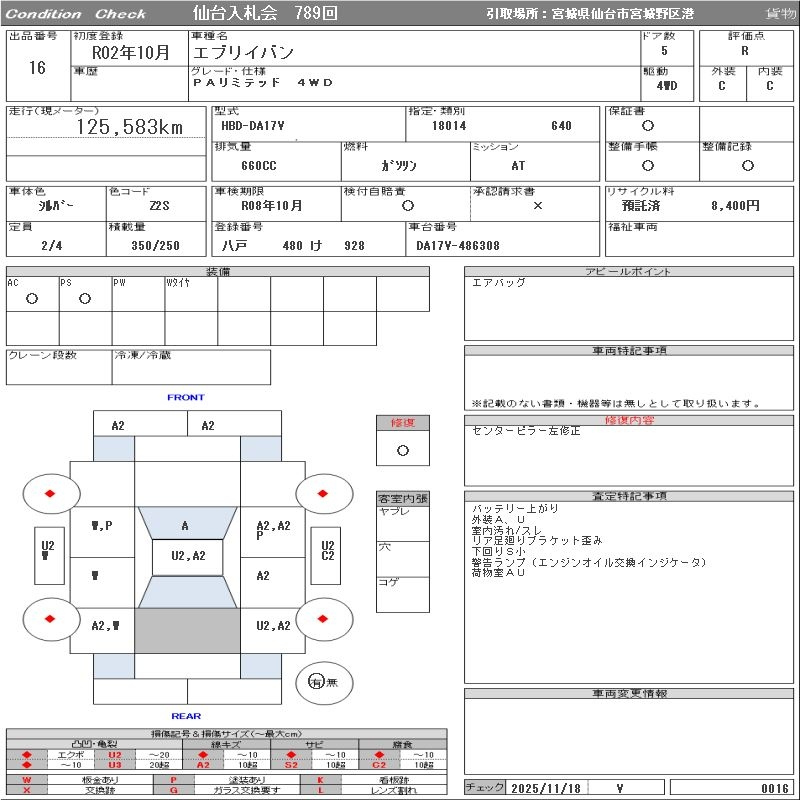 Аукционный лист SUZUKI EVERY 2020