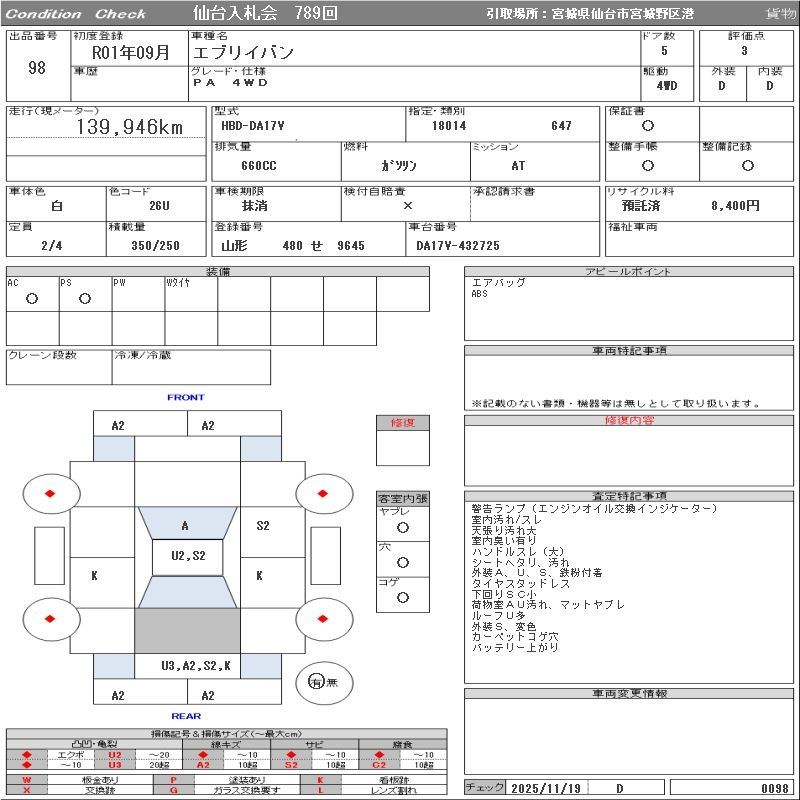 Аукционный лист SUZUKI EVERY 2019
