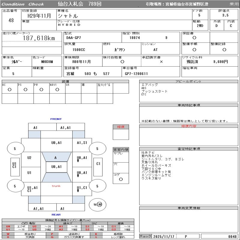 Аукционный лист HONDA SHUTTLE 2017