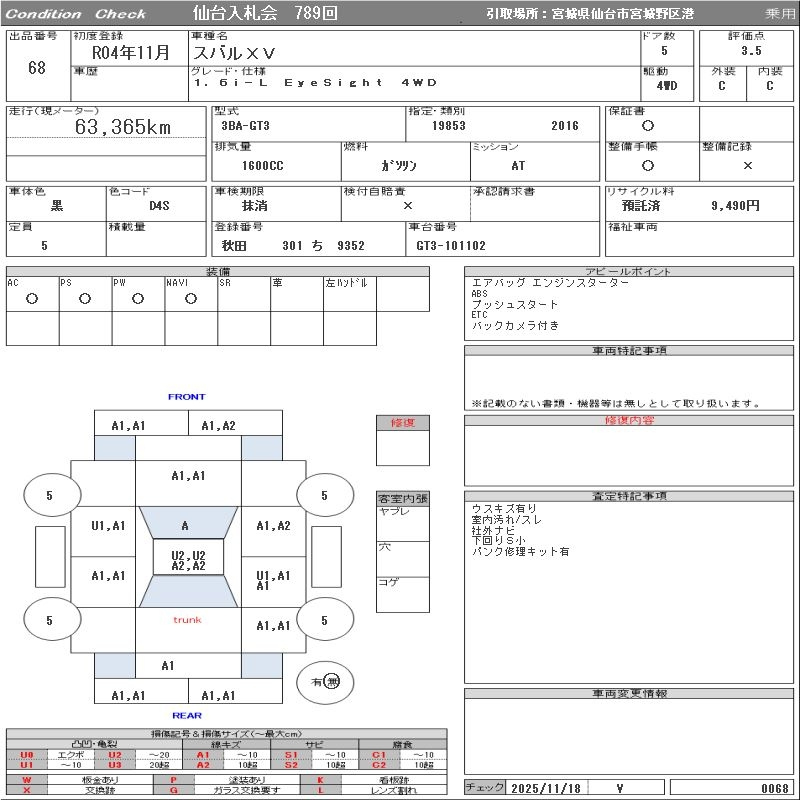 Аукционный лист SUBARU XV 2022