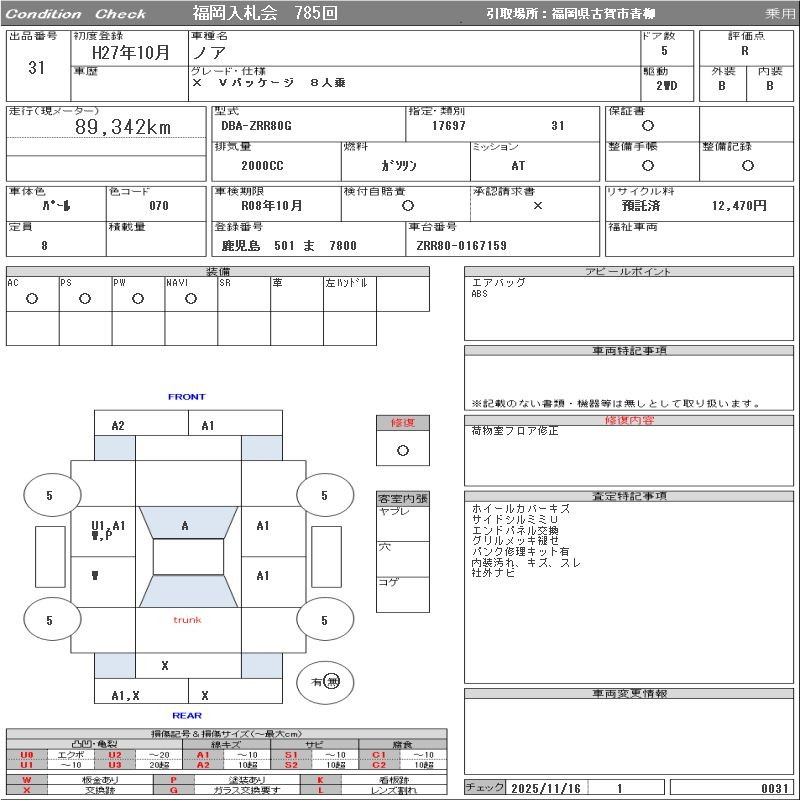 Аукционный лист TOYOTA NOAH 2015