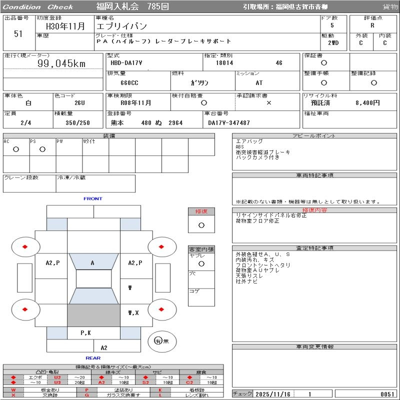 Аукционный лист SUZUKI EVERY 2018