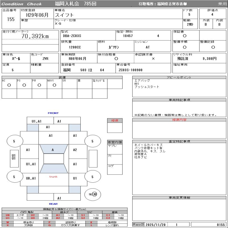 Аукционный лист SUZUKI SWIFT 2017
