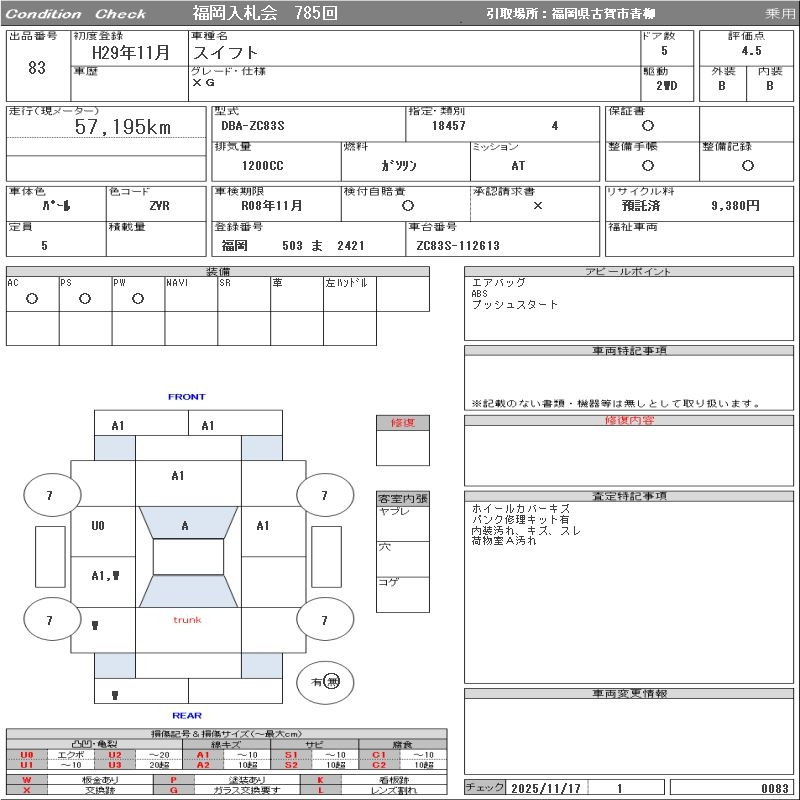 Аукционный лист SUZUKI SWIFT 2017