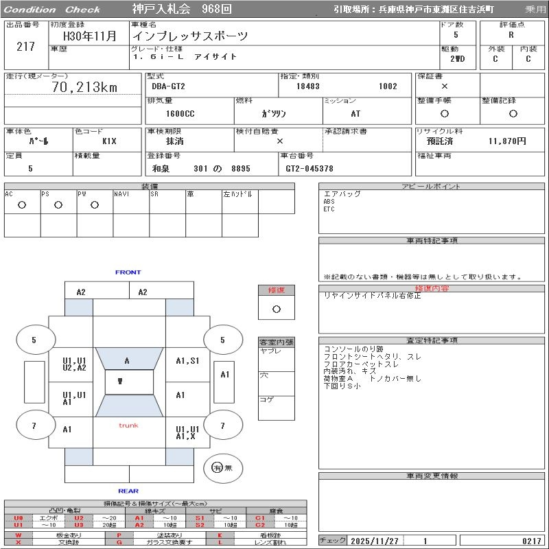 Аукционный лист SUBARU IMPREZA 2018