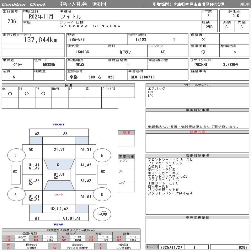 Аукционный лист HONDA SHUTTLE 2020