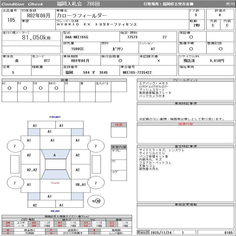 Аукционный лист TOYOTA COROLLA FIELDER 2020