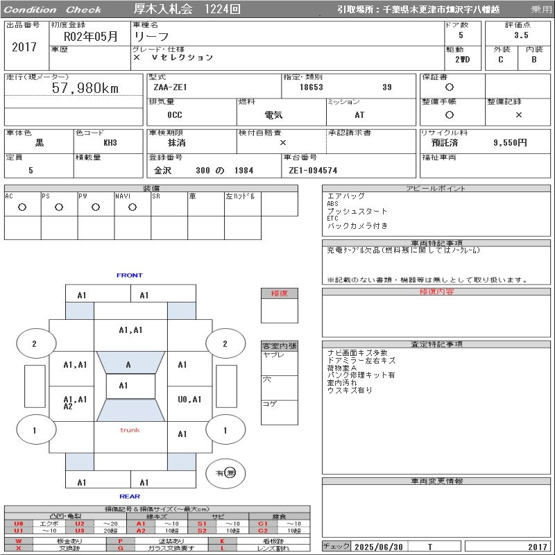 Аукционный лист NISSAN LEAF 2020