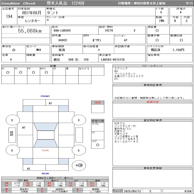Аукционный лист DAIHATSU TANTO 2019