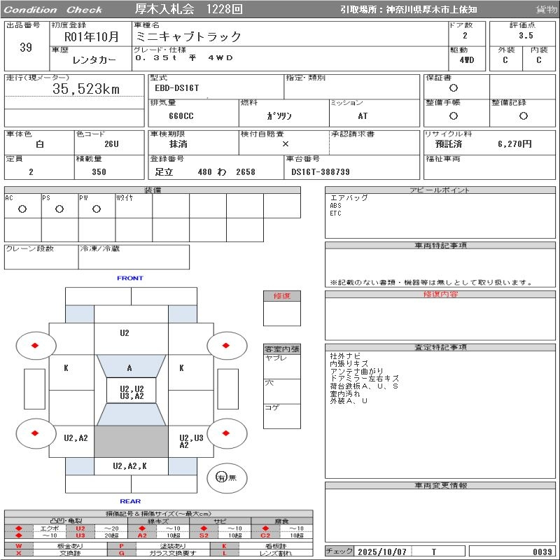 Аукционный лист MITSUBISHI MINICAB TRUCK 2019