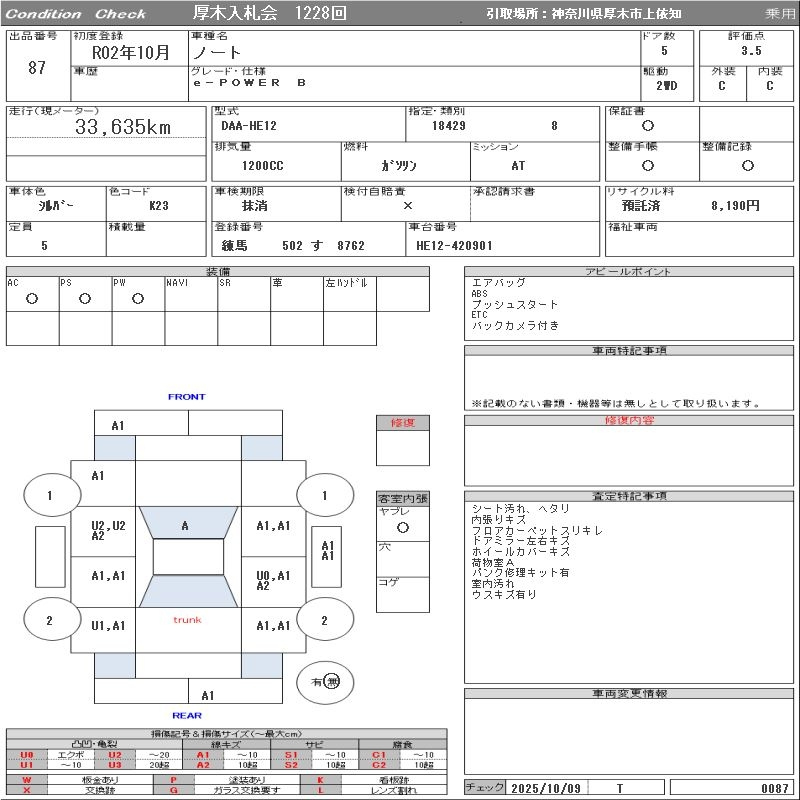 Аукционный лист NISSAN NOTE 2020