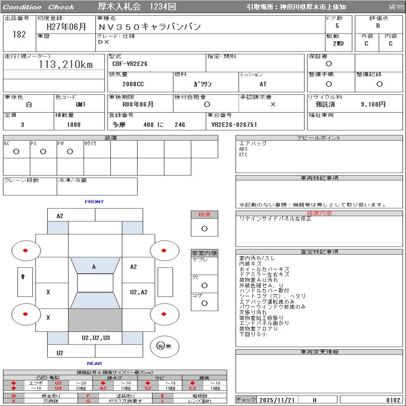 Аукционный лист NISSAN CARAVAN VAN 2015