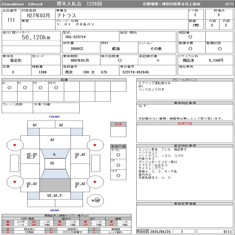 Аукционный лист NISSAN ATLAS 2015
