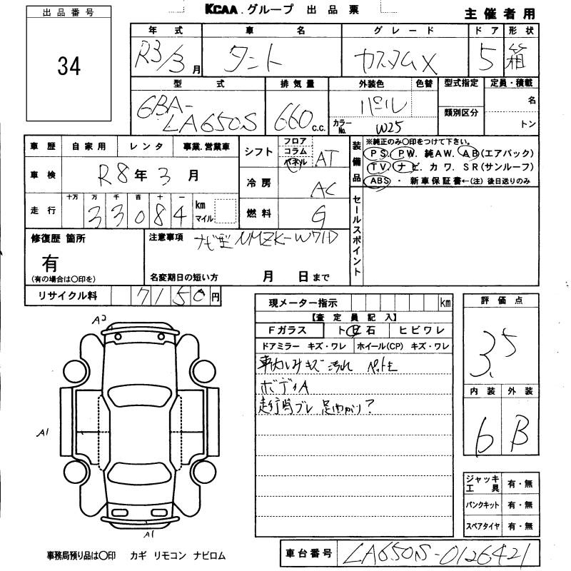 Аукционный лист DAIHATSU TANTO 2021