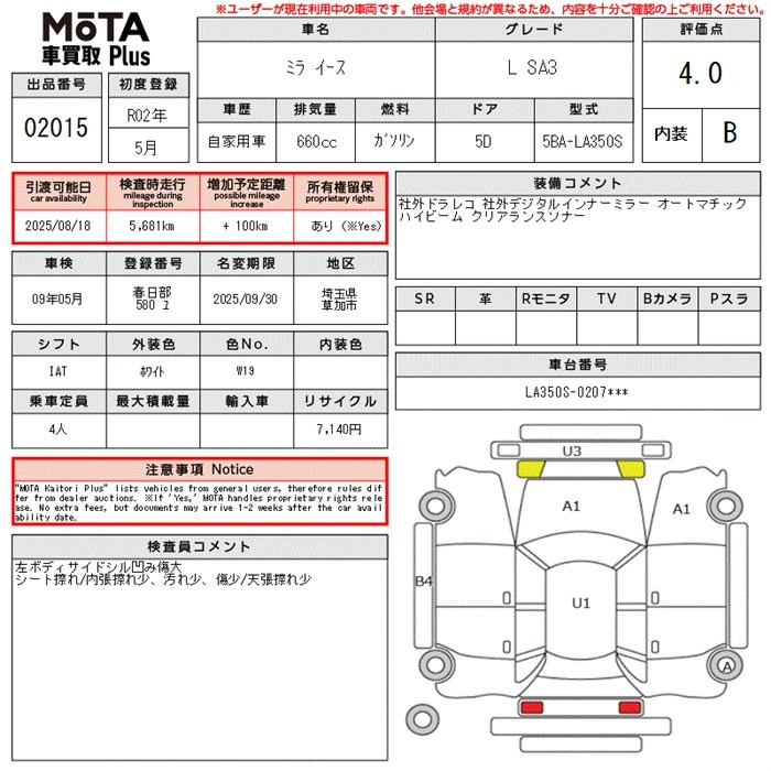 Аукционный лист DAIHATSU MIRA E S 2020