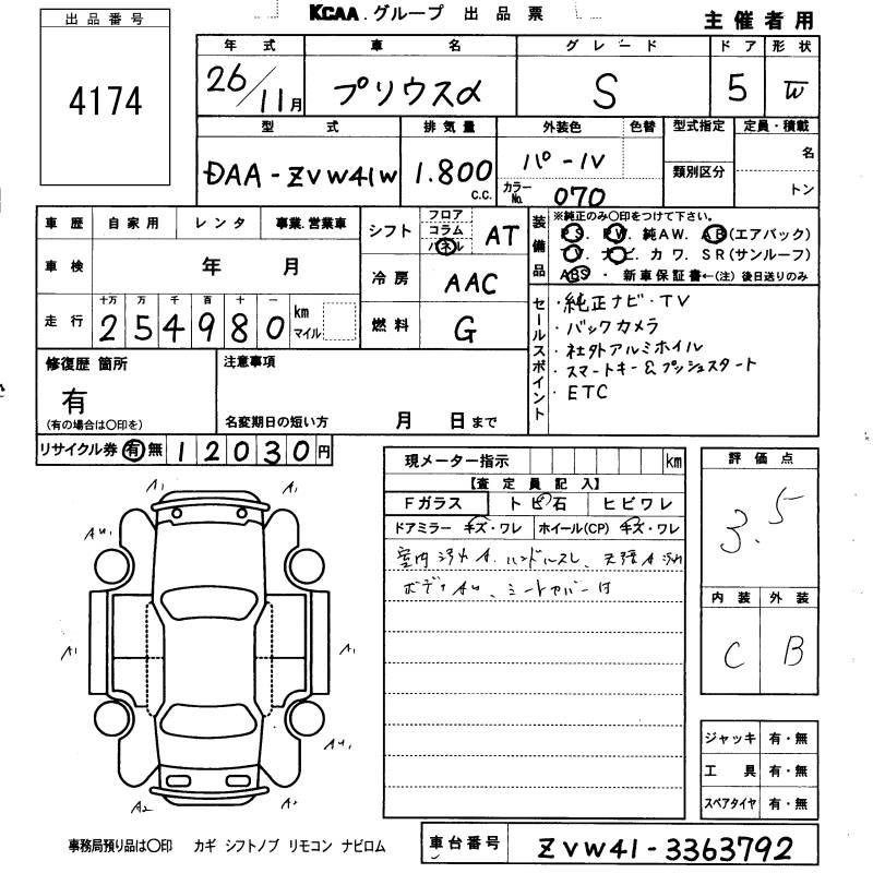 Аукционный лист TOYOTA PRIUS ALPHA 2014