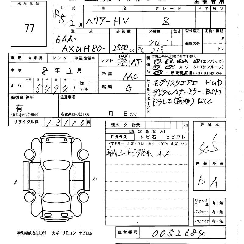 Аукционный лист TOYOTA HARRIER 2023