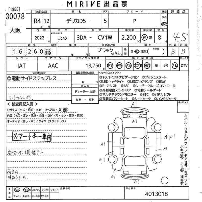 Аукционный лист MITSUBISHI DELICA D5 2022